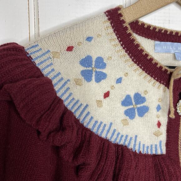 HILL HOUSE Wool Red Floral Embroidered Ruffle Pearl Button Cardigan Sweater S - Picture 4 of 8